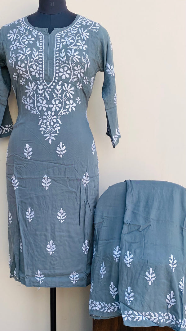 Lucknowi Chikankari Co-ord Set Gray Modal Cotton
