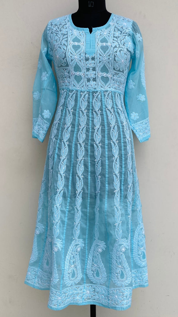 Lucknowi Chikankari Anarkali Kurti Blue Mulmul Cotton With Jaali Work