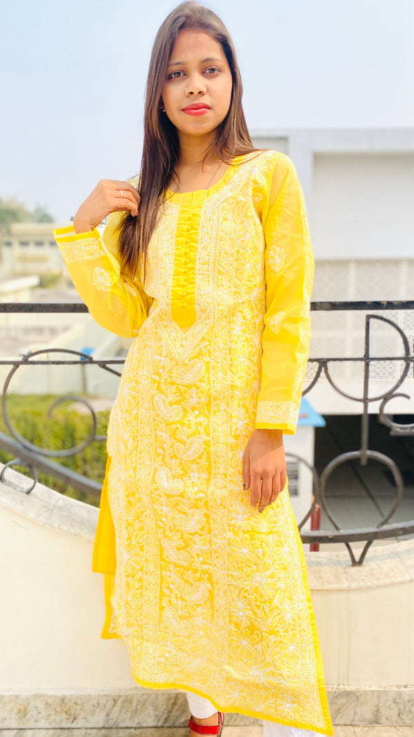 Lucknowi Chikankari Kurti Yellow Cotton