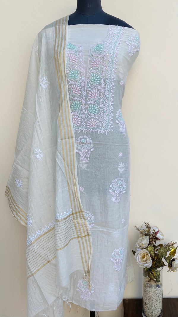 Lucknowi Chikankari Suit Length 2 Piece Off White Mal Chanderi  With Cutdana , Pearl & Sequence Work