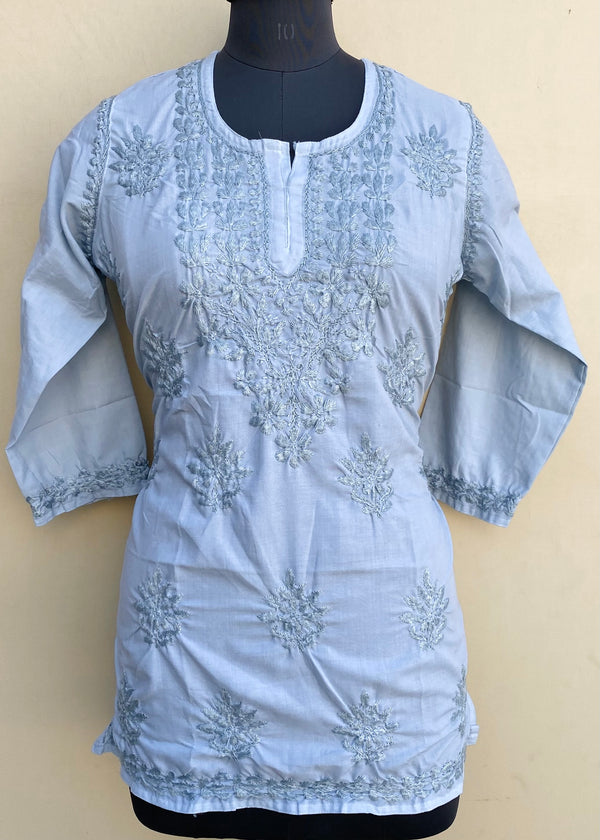 Lucknowi Chikankari Short Kurti Gray Muslin Cotton With Self 3D Work