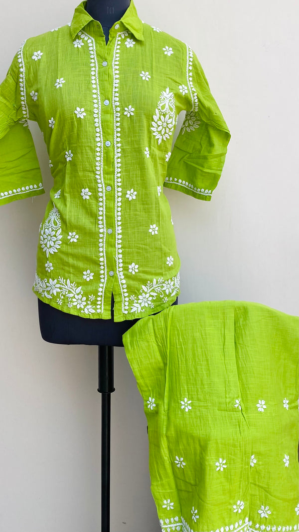 Lucknowi Chikankari Co-ord Set Parrot Green Linen