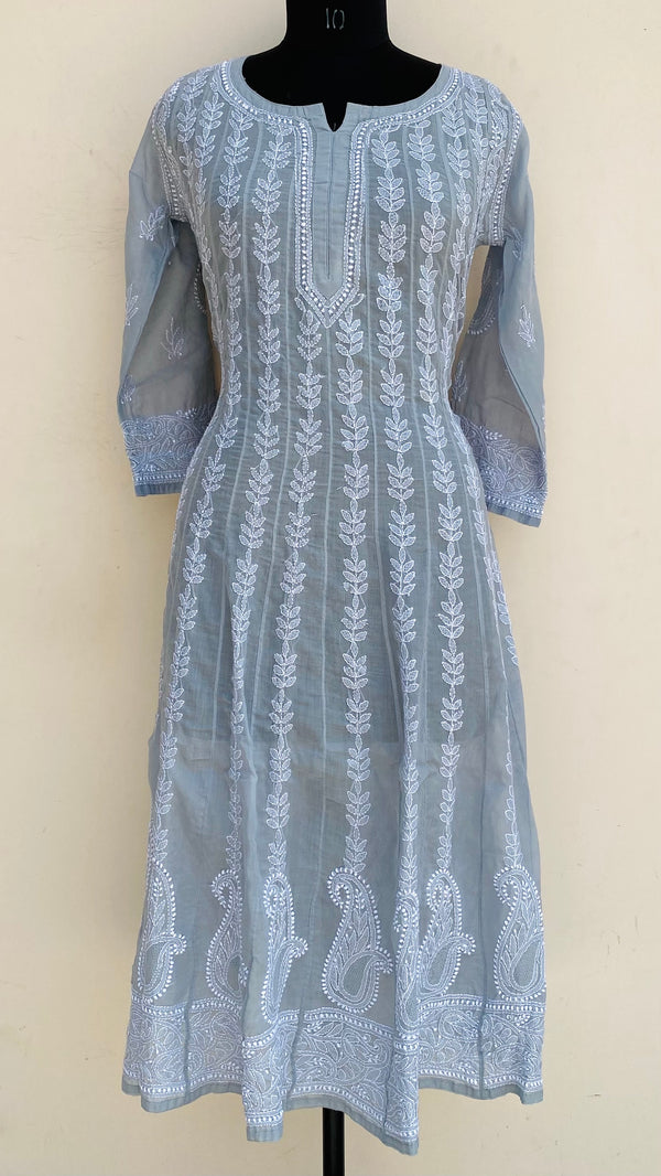 Lucknowi Chikankari Anarkali Kurti Gray Mulmul Cotton With Jaali Work