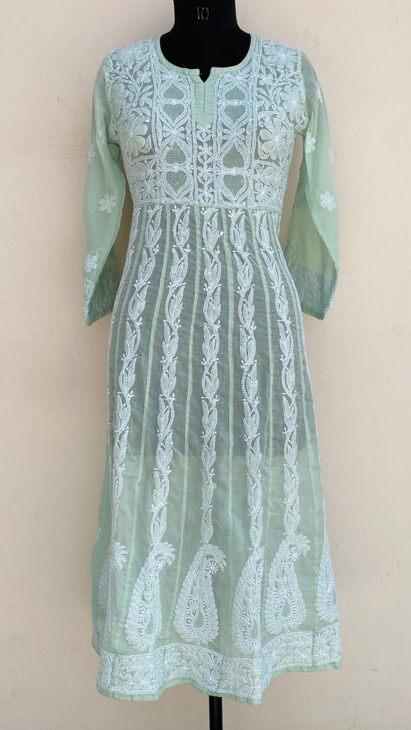 Lucknowi Chikankari Anarkali Kurti Teal Green Mulmul Cotton With Jaali Work