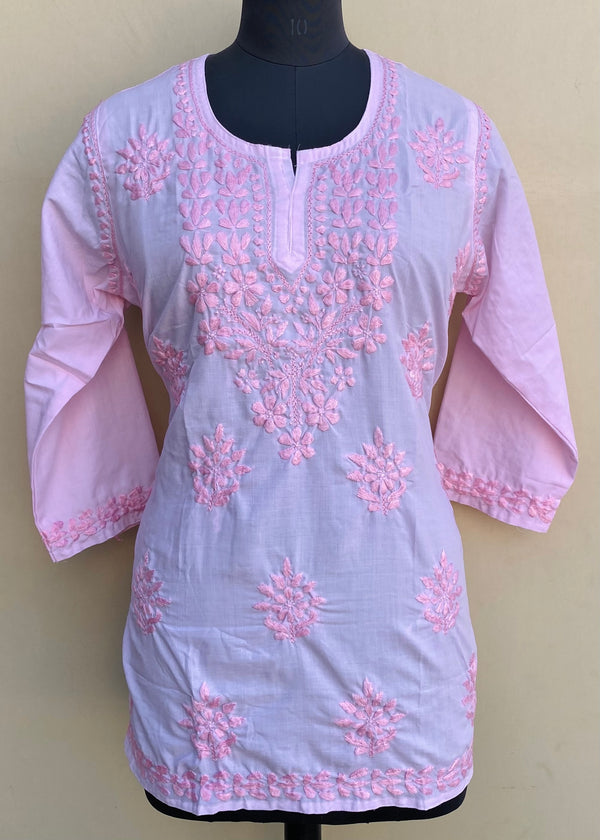 Lucknowi Chikankari Short Kurti Pink Muslin Cotton With Self 3D Work