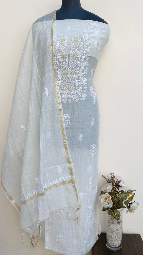 Lucknowi Chikankari Suit Length 2 Piece Off White Mal Chanderi  With Cutdana , Pearl & Sequence Work