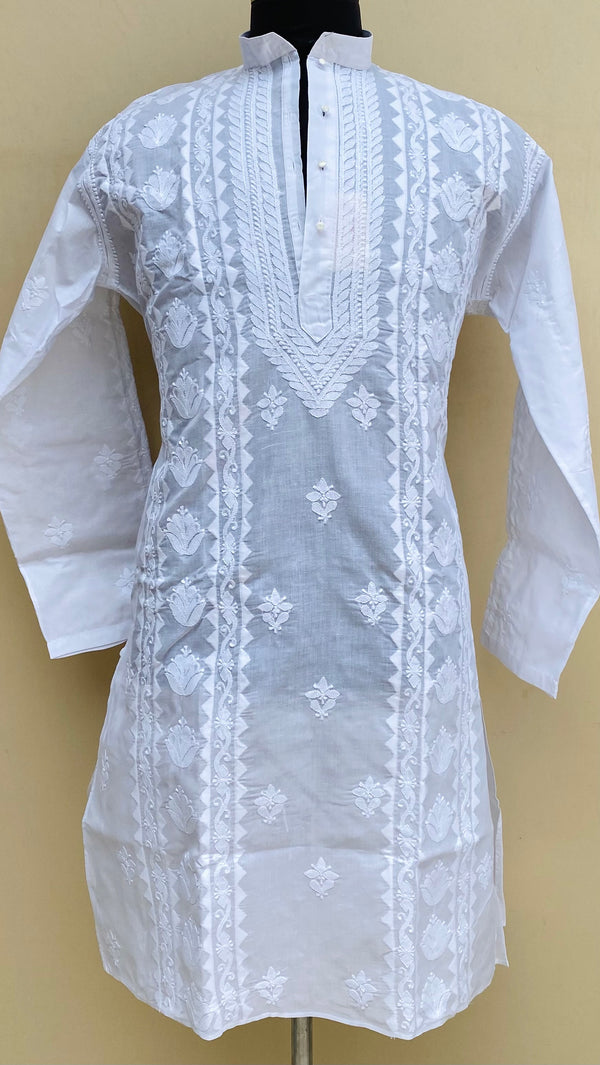 Lucknowi Chikankari Men’s Kurta White Cotton With Applique Work