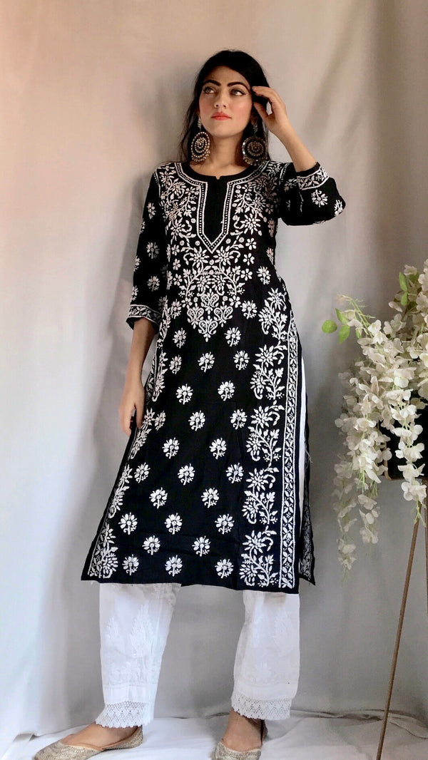 Lucknowi Chikankari Kurti Black Modal Cotton