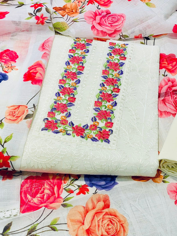 Designer Embroidered Suit Length 3 Piece Off White Kota