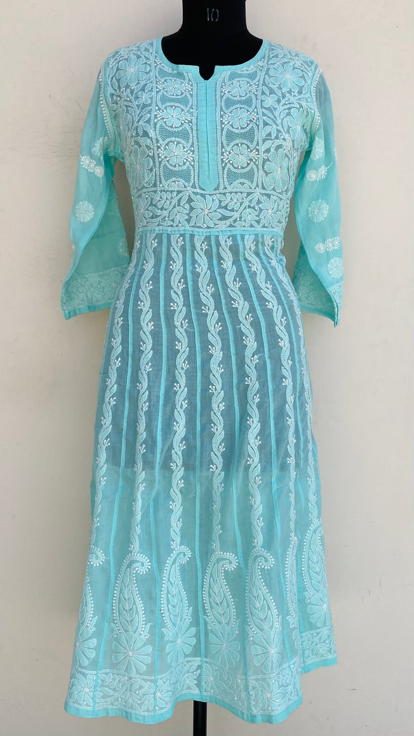 Lucknowi Chikankari Anarkali Kurti Sea Green Mulmul Cotton With Jaali Work