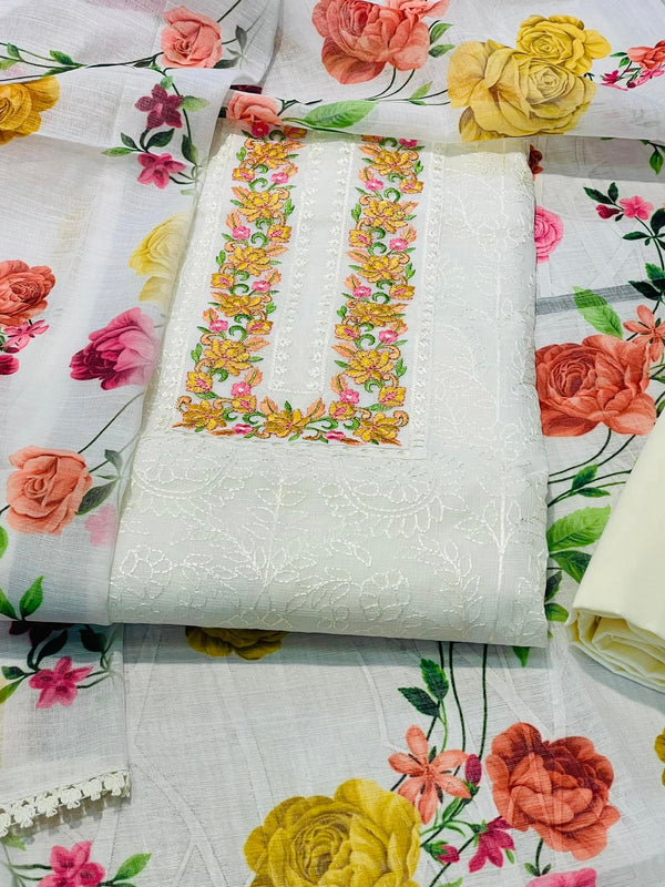Designer Embroidered Suit Length 3 Piece Off White Kota