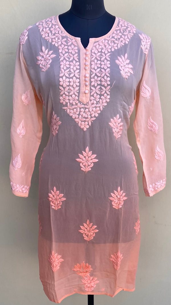 Lucknowi Chikankari Ombre Kurti Peach Pure Georgette With Resham & Self 3D Work