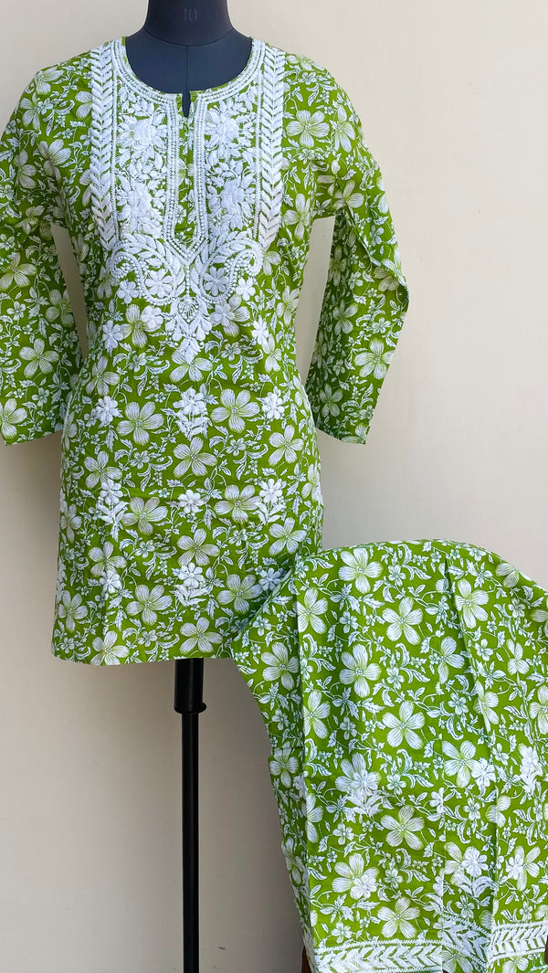 Lucknowi Chikankari Printed Co-ord Set Green Mulmul Cotton