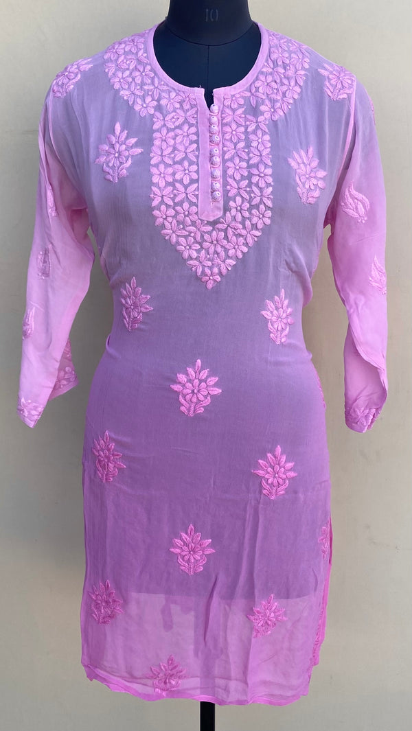 Lucknowi Chikankari Ombre Kurti Pink Pure Georgette With Resham & Self 3D Work