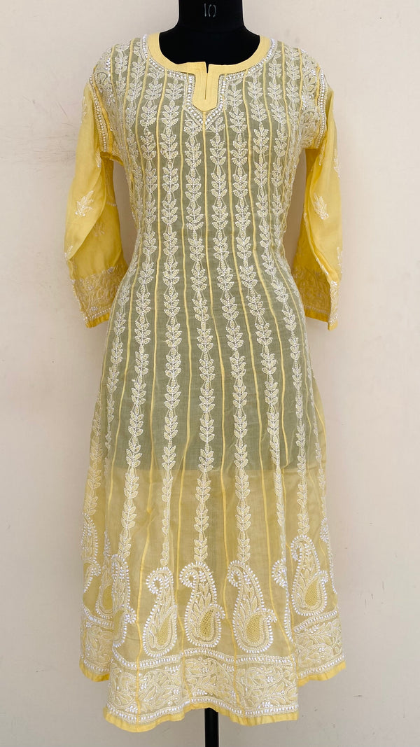 Lucknowi Chikankari Anarkali Kurti Yellow Georgette  With Jaali Work