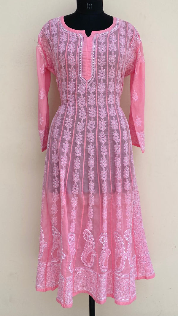 Lucknowi Chikankari Anarkali Kurti Pink Mulmul Cotton With Jaali Work