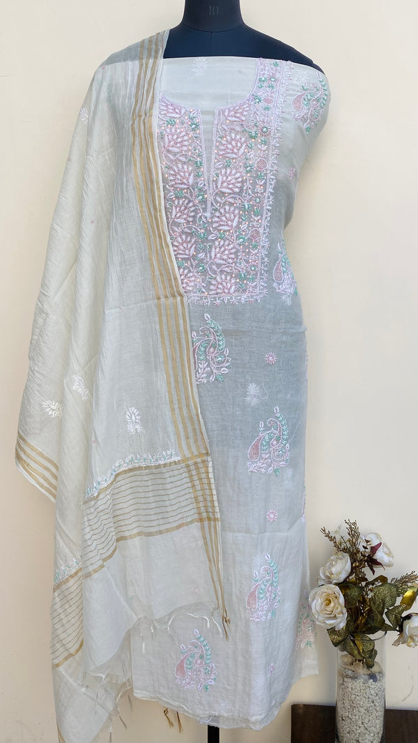 Lucknowi Chikankari Suit Length 2 Piece Off White Mal Chanderi  With Cutdana , Pearl & Sequence Work