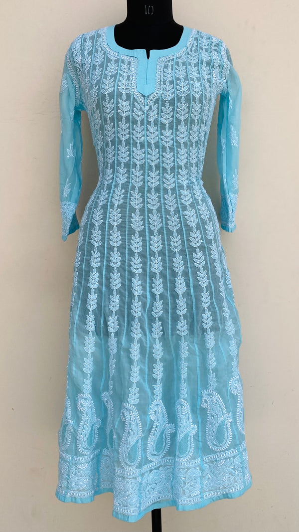 Lucknowi Chikankari Anarkali Kurti Blue Mulmul Cotton With Jaali Work