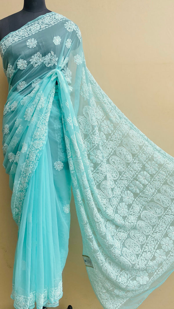 Lucknowi Chikankari Saree Sea Green Georgette