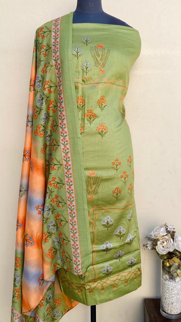 Designer Embroidered Suit Length 3 Piece Green Muslin Cotton