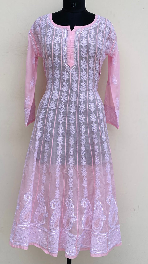 Lucknowi Chikankari Anarkali Kurti Pink Mulmul Cotton With Jaali Work