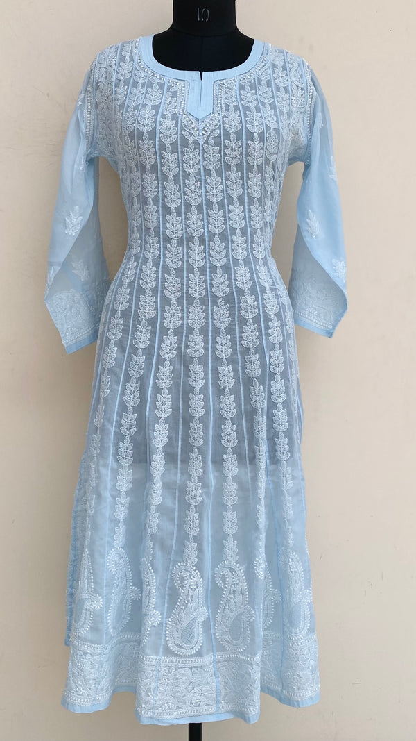 Lucknowi Chikankari Anarkali Kurti Powder Blue Mulmul Cotton With Jaali Work