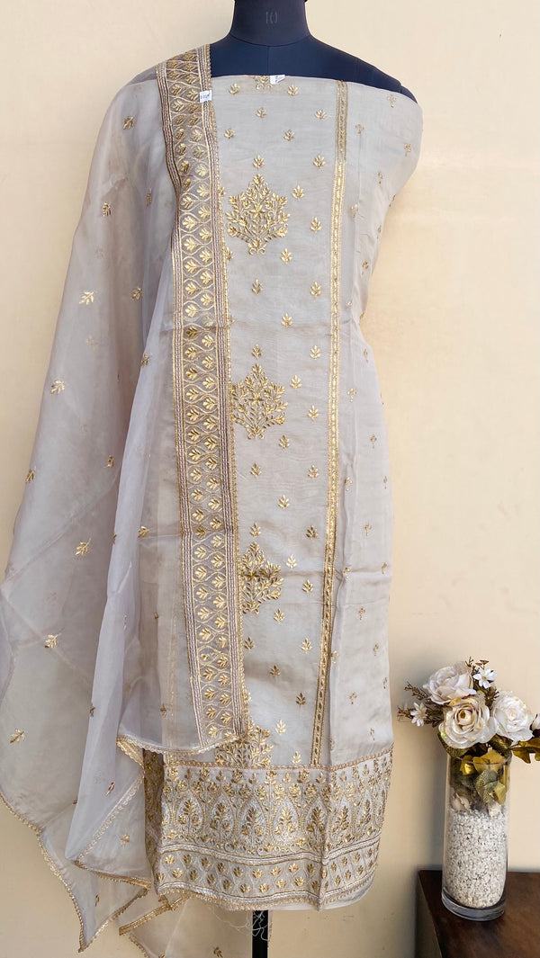 Designer Embroidered Suit Length 3 Piece Beige Organza