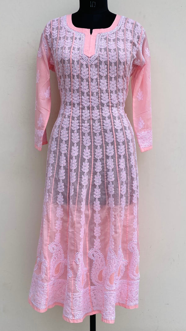 Lucknowi Chikankari Anarkali Kurti Pink Mulmul Cotton With Jaali Work