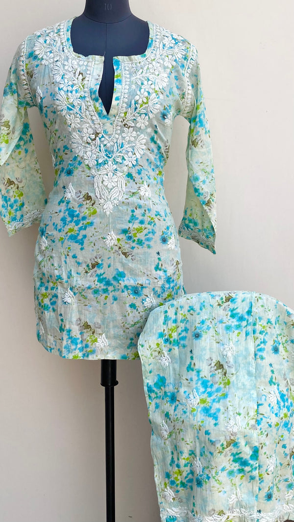 Lucknowi Chikankari Printed Co-ord Set Blue Mulmul Cotton