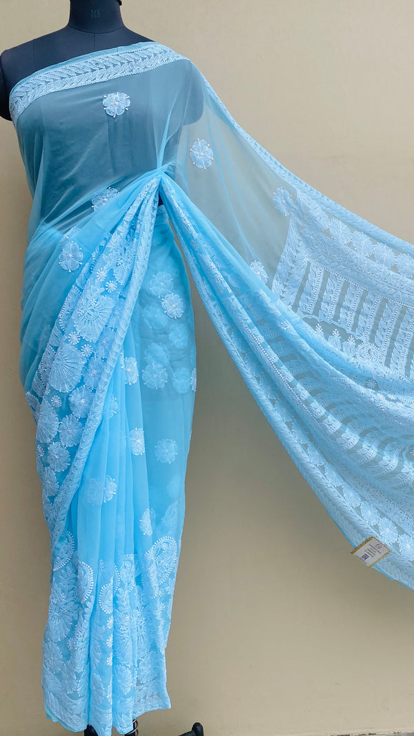 Lucknowi Chikankari Saree Blue Georgette