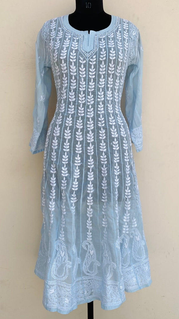 Lucknowi Chikankari Anarkali Kurti Powder Blue Mulmul Cotton With Jaali Work