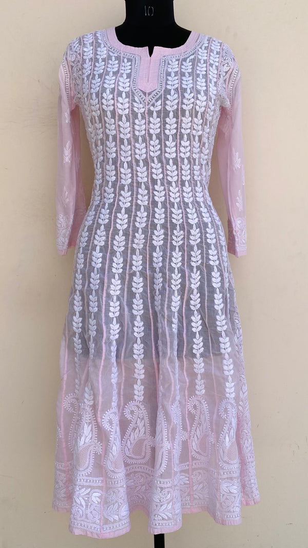 Lucknowi Chikankari Anarkali Kurti Pink Mulmul Cotton With Jaali Work
