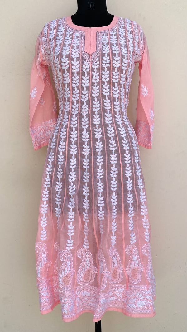 Lucknowi Chikankari Anarkali Kurti Pink Mulmul Cotton With Jaali Work