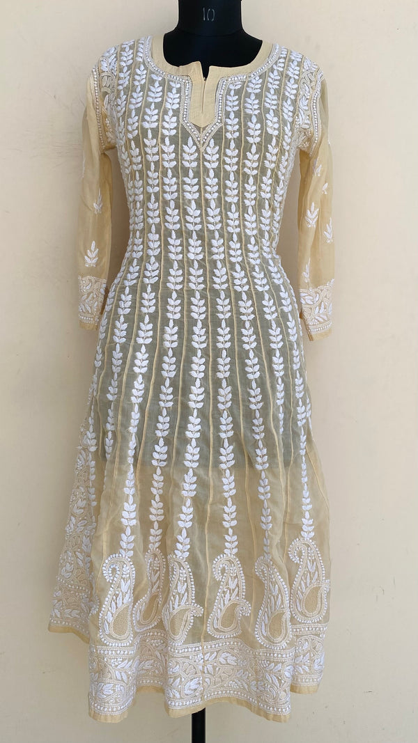 Lucknowi Chikankari Anarkali Kurti Beige Mulmul Cotton With Jaali Work