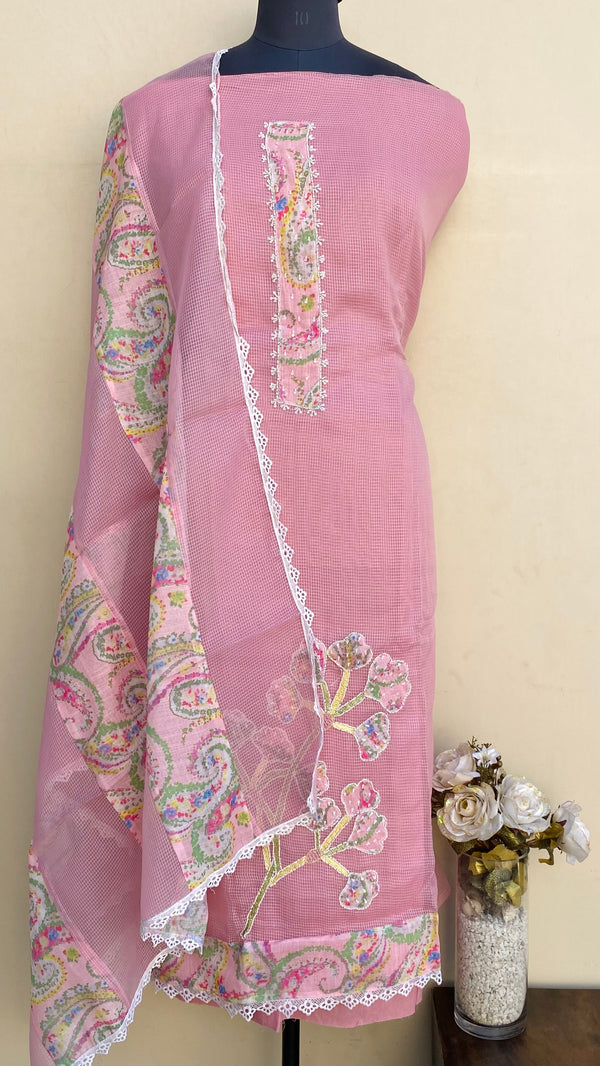 Designer Embroidered Suit Length 3 Piece Pink Kota With Pearl Work