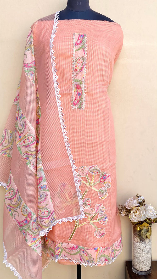 Designer Embroidered Suit Length 3 Piece Peach Kota With Pearl Work