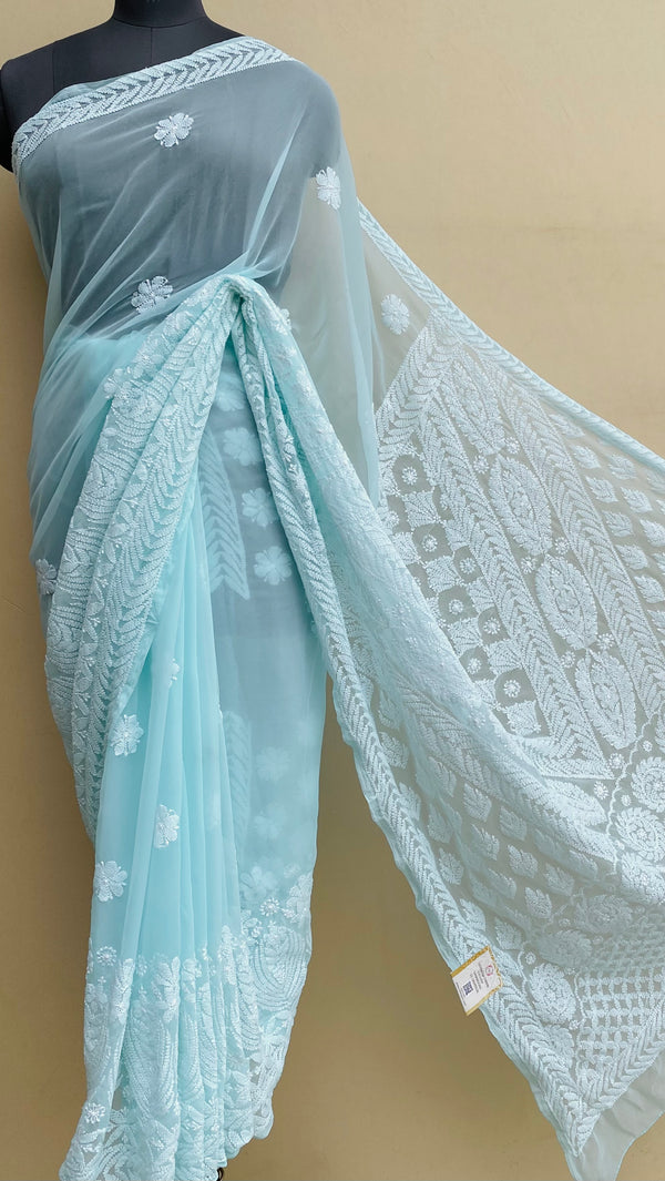 Lucknowi Chikankari Saree Blue Georgette