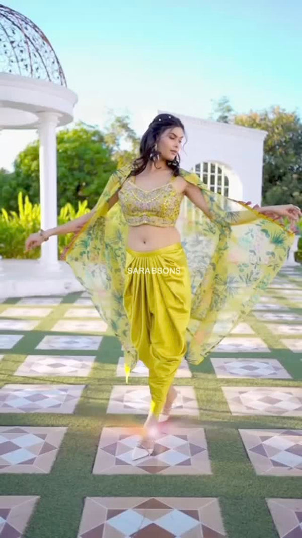 Greenish Yellow Indo-Western Crop Top Dhoti Pants Cape Set