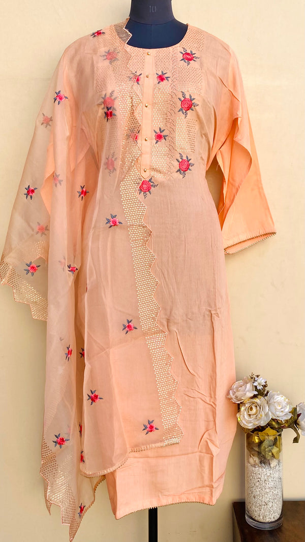 Designer Embroidered Suit Length 3 Piece Peach Mal Cotton