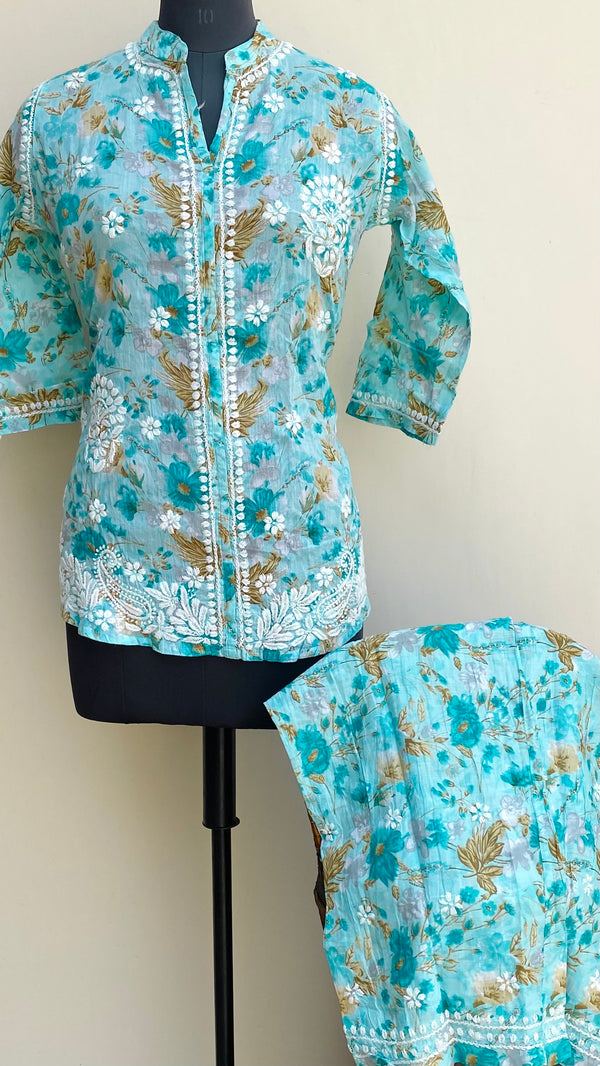 Lucknowi Chikankari Printed Co-ord Set Blue Mulmul Cotton
