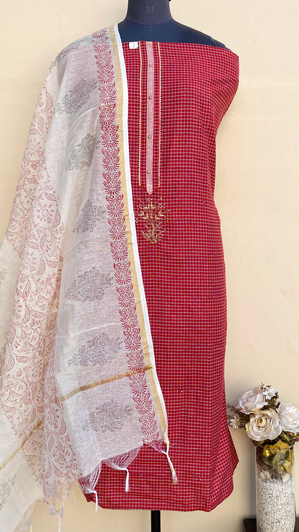 Designer Embroidered Suit Length 3 Piece Maroon Mal Cotton