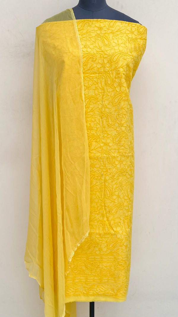 Lucknowi Chikankari Suit Length 3 Piece Yellow Cotton