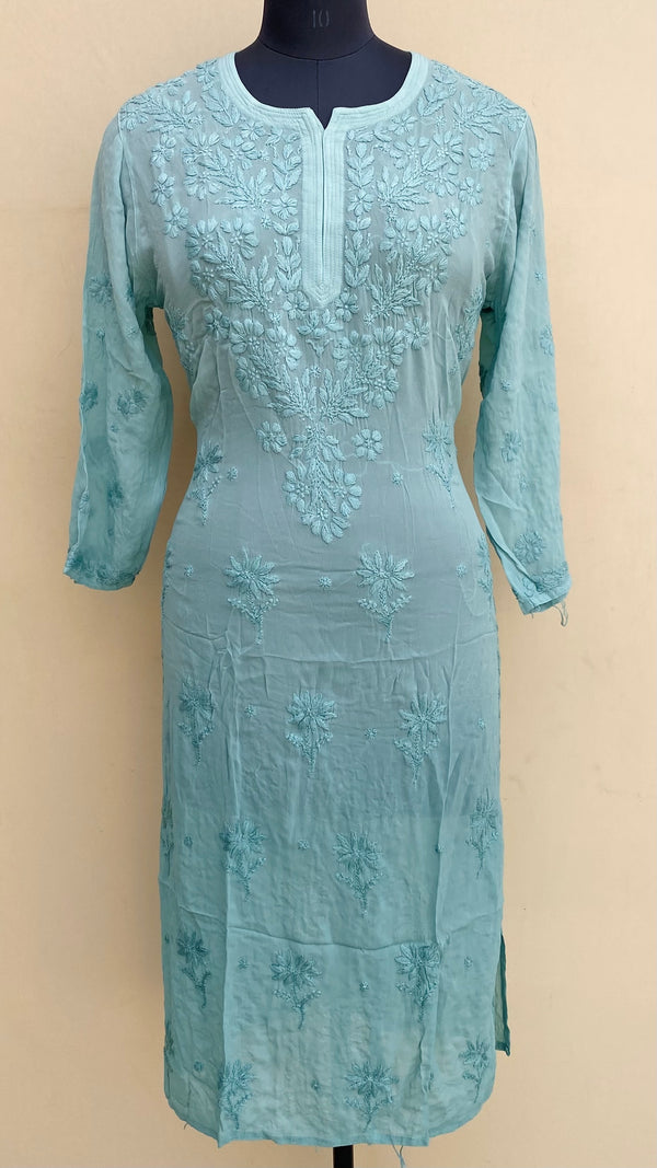 Lucknowi Chikankari Ombre Kurti Teal Green Pure Georgette With Self 3D Work