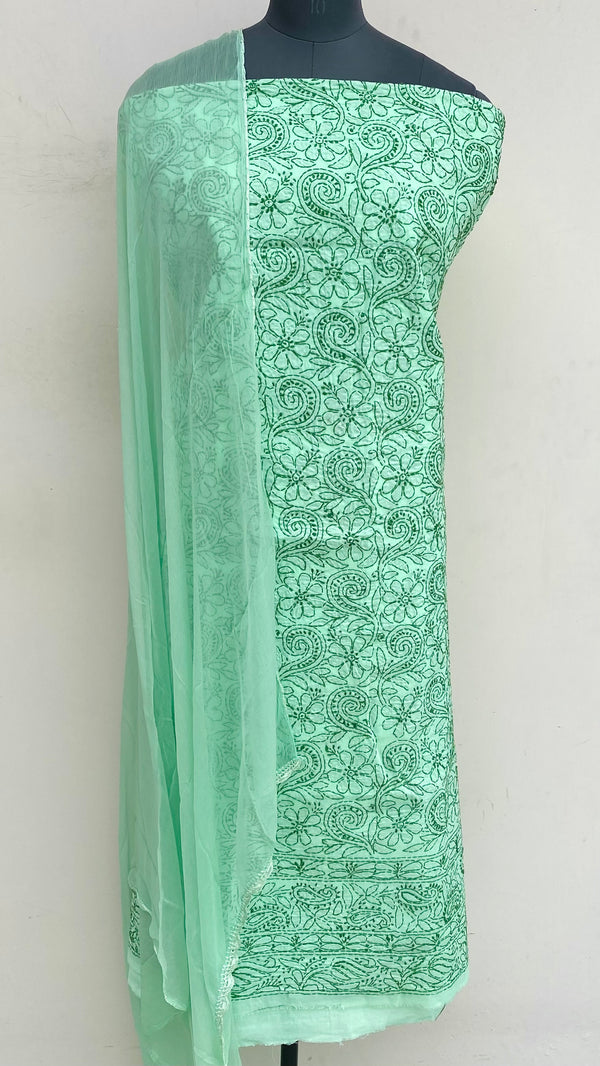 Lucknowi Chikankari Suit Length 3 Piece Green Cotton