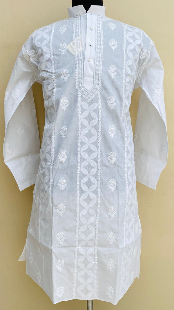 Lucknowi Chikankari Men’s Kurta White Cotton With Applique Work