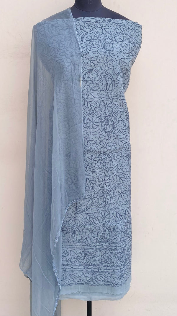 Lucknowi Chikankari Suit Length 3 Piece Gray Cotton