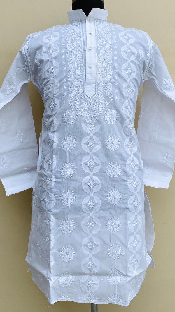 Lucknowi Chikankari Men’s Kurta White Cotton With Applique Work