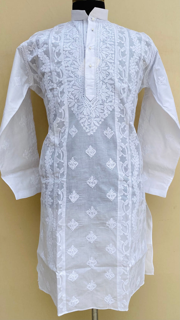 Lucknowi Chikankari Men’s Kurta White Cotton With Applique Work