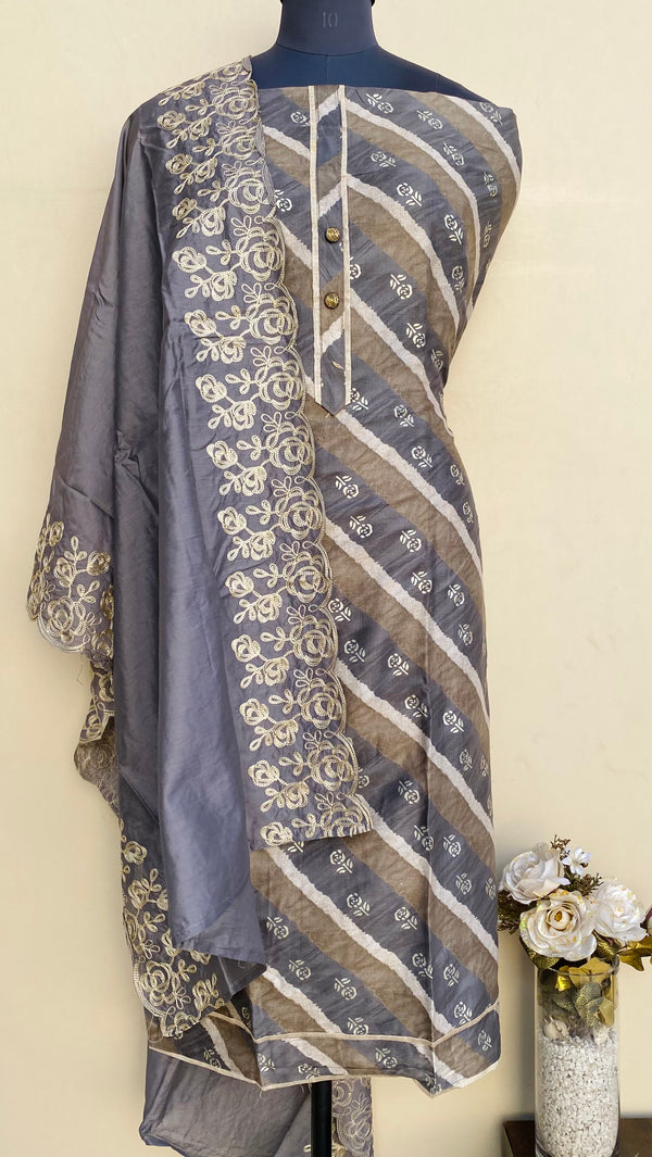 Designer Embroidered Suit Length 3 Piece Gray Mal Cotton