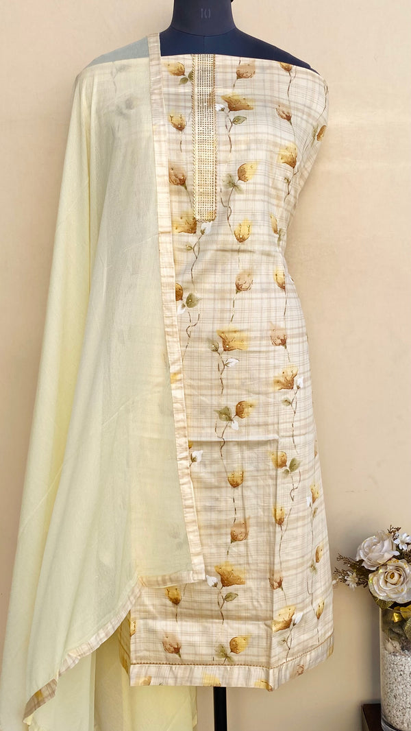 Designer Embroidered Suit Length 3 Piece Yellow Mal Cotton